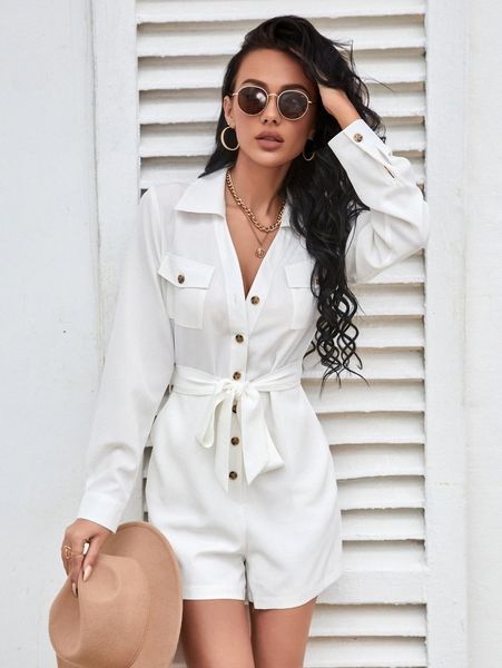 

flap pocket belted shirt romper s4i4#, White