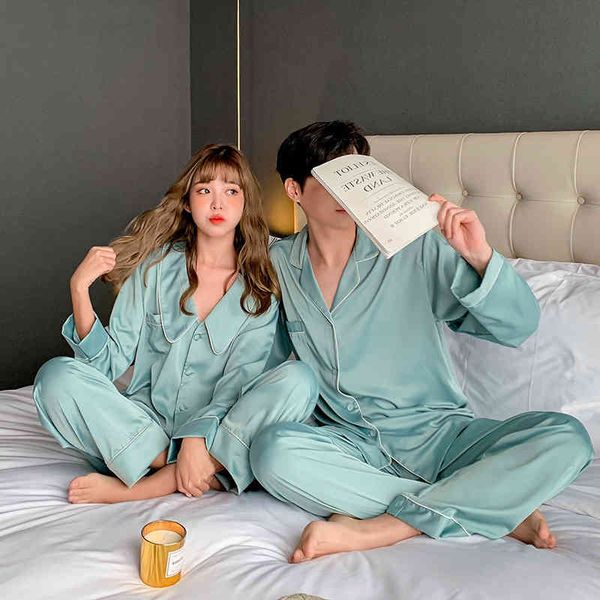 

spring princess collar silk satin pajama set couples long sleeve pants male sleepwear women men wedding nightwear homewear, Black;brown