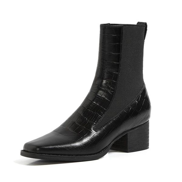 

boots high heel leather women ankle fashion square toe ladies mid-boots slip-on breathable booties botines mujer feminina, Black