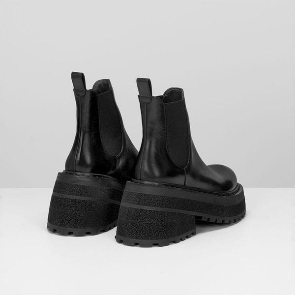 

boots womans 2021 chelsea genuine leather square heel round toe british style platform slip on martin fizu, Black