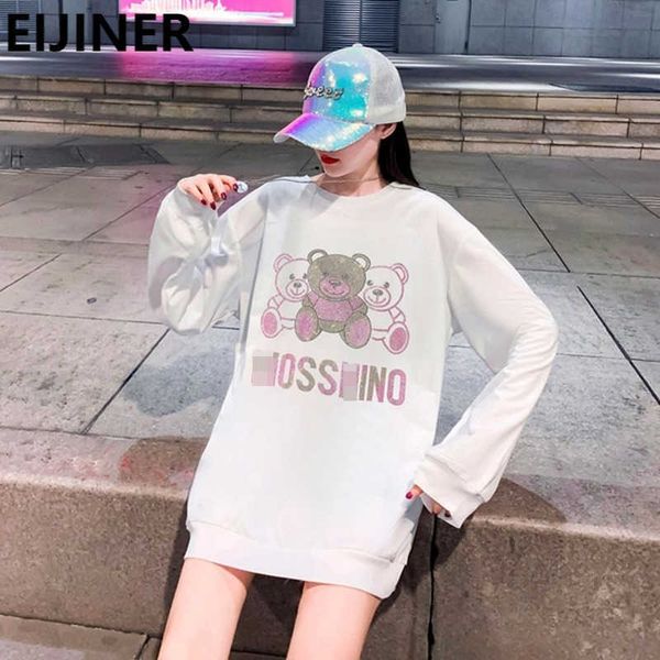 Crewneck Sweatshirt Cristal de Veludo Com capuz Mulheres Mola Coréia Plus Size Loose Dos Desenhos Animados Anime Carta Impressão Meio-comprimento Top 210930