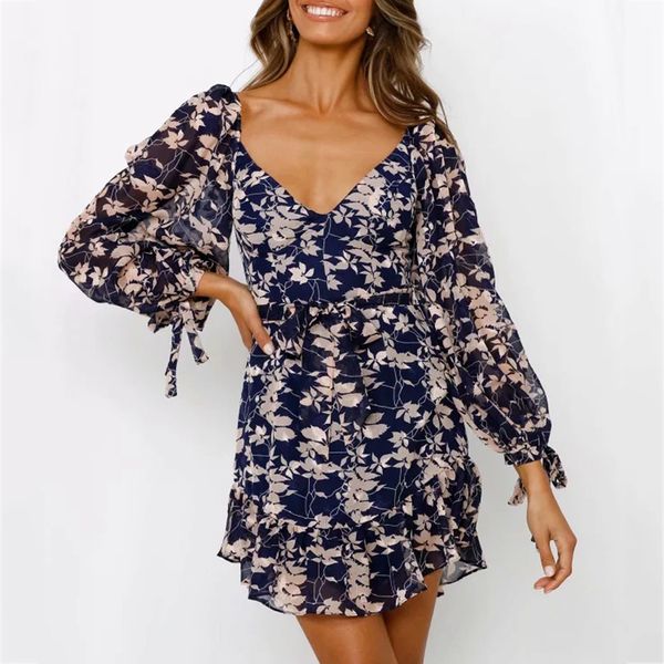 

foridol leaf print v neck chiffon spring autumn short dress women navy blue sheer long sleeve bowknot sash beach dress 210415, Black;gray