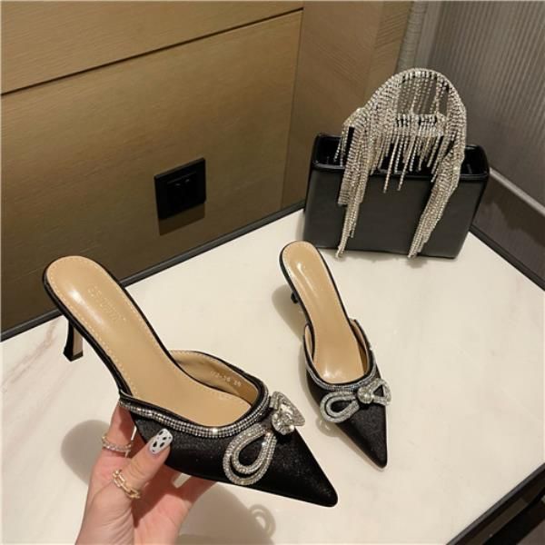 

slippers low butterfly-knot fabric silk pu hoof heels basic rubber, Black