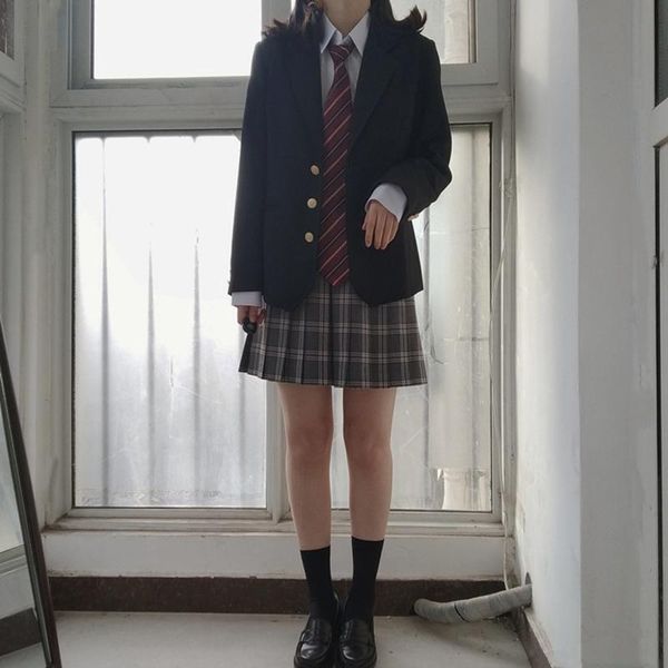 

clothing sets [gray golden] girl's summer high waist pleated skirts plaid women elegant jk uniforms girl school dress student cloths, White