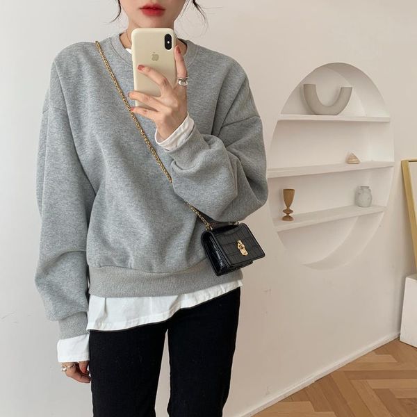 

women's t-shirt korean style vintage o-neck long sleeve fake two t shirt women patchwork casual loose shirts clothes, White