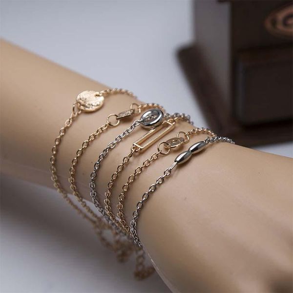 

charm bracelets 6 pieces of retro multi-layer bracelet set ladies geometric pendant jewelry summer beach anklet dual-use, Golden;silver