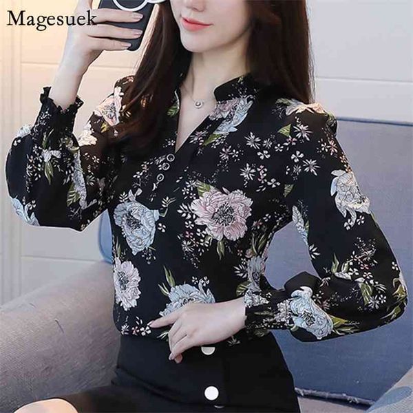 

fashion v-neck pullover chiffon blouse women floral long sleeve shirt plus size office women blusas d556 30 210512, White