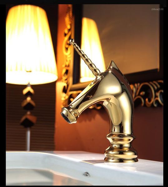 

bathroom sink faucets unique fashion golden brass basin faucet deck mounted horse head single long handle1
