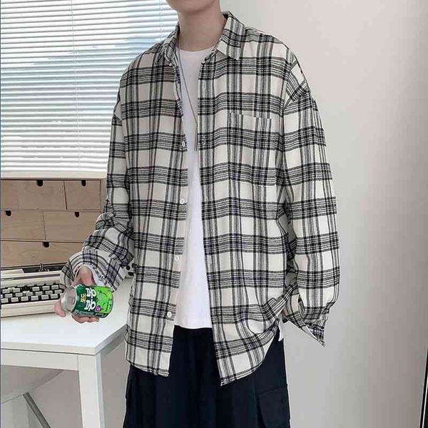 

men's casual shirts korean style cotton plaid fashion retro men streetwear wild loose autumn long-sleeved mens s-2xl moaj, White;black