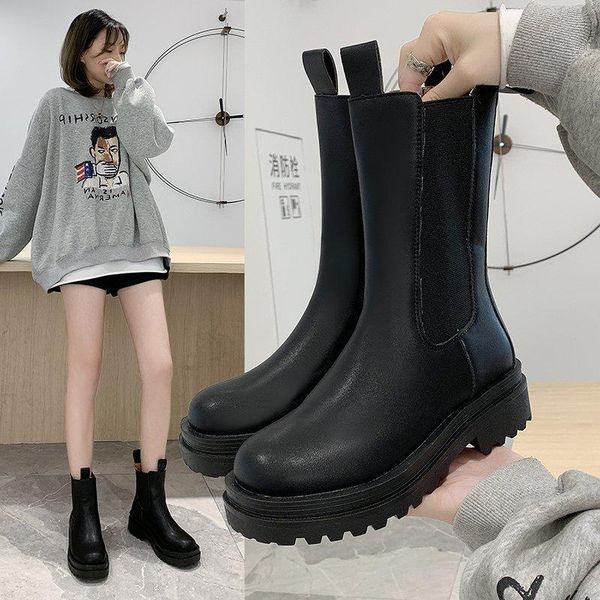 

boots 2021 fashion women motorcycle square heel round toe platform spring/autumn shoes, Black