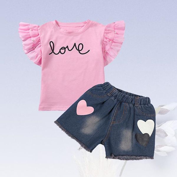 

clothing sets 2-7 year girls summer two-piece love heart letter printed sweatshirt t-shirt + half-length pants fashion quality childr, White