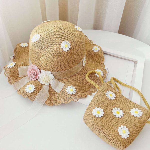 

straw girl's daisy children's summer protection beach sun hat with bag, Yellow