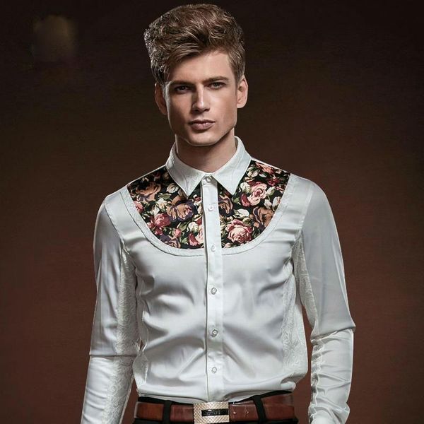 

men's casual shirts 2021 trendy young costume fashion european style upper chest patchwork with flower pattern men white dress shirt, White;black