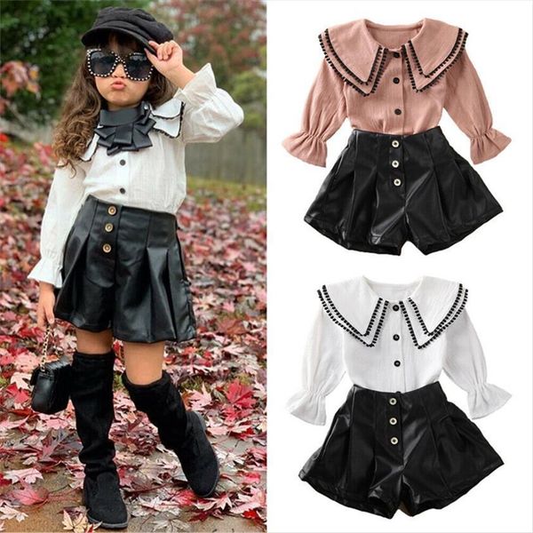 

2pcs toddler baby girls autumn clothes set 1 6y long sleeve ruffle blouse leather mini shorts outfits, White