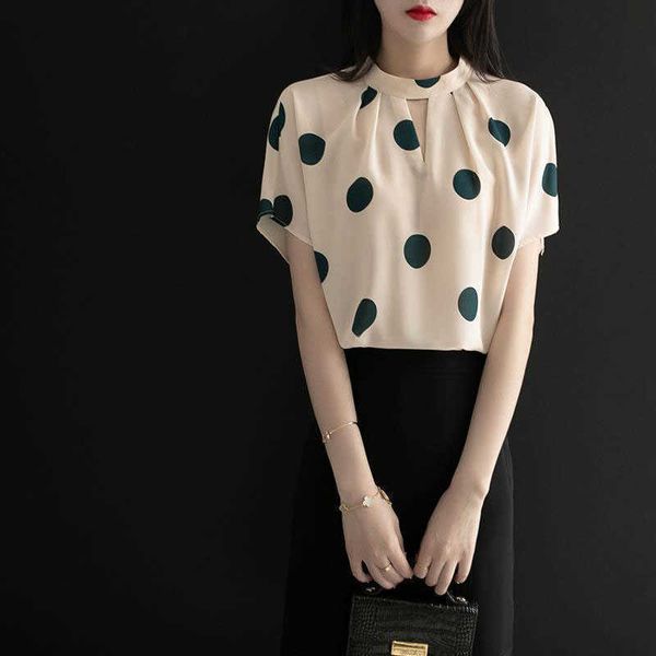 

women spring summer style chiffon blouses shirts lady casual short flare sleeve stand collar blusas df3752 210609, White