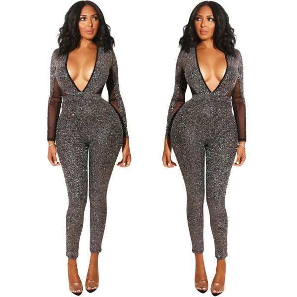 

women's jumpsuits & rompers sexemara bling sparkle long sleeve deep v neck open back slim fit tight full length jumpsuit playsuits, Black;white