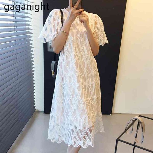 Koreanische Frauen Elegante Weiße Kleider Sommer Spitze Hohl Häkeln Midi Mesh für Weibliche Kurzarm Lose 210601