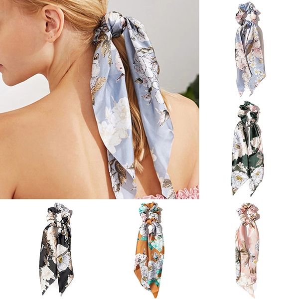 Vintage Silk Long Streamer Flor Knot Ribbon Elegante Cabelo Elástico Corda Para As Mulheres Clássico Banda De Cabelo Cachecol Laço De Cabelo Acessórios