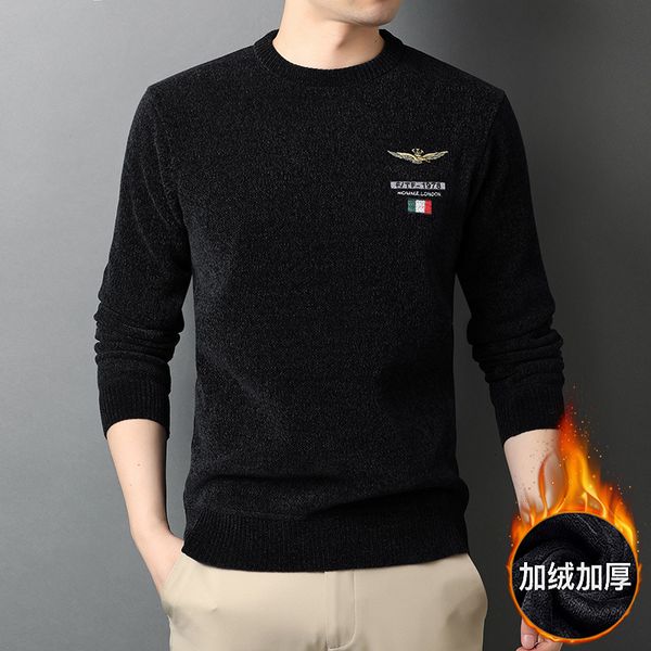 

2021 winter plush sweater round neck thickened slim fit warm chenille casual bottomed shirt men's wear, Black