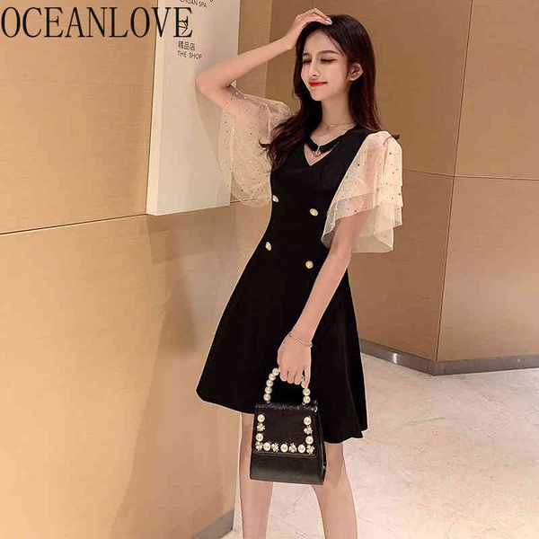 

evening party dress women patchwork elegant summer dresses high waist korean flare sleeve v neck vestidos 16044 210415, Black;gray