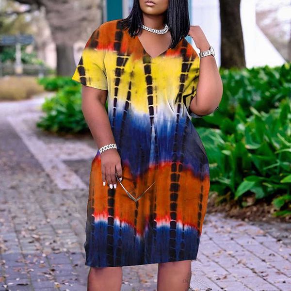 

women loose fit short sleeve dresses 3xl oversized fashion female summer knee-length pocket design tie dye casual dress 210716, Black;gray
