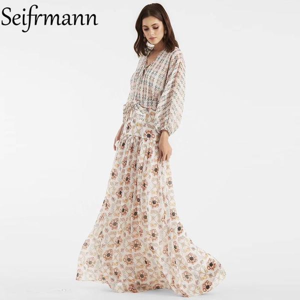 

casual dresses seifrmann 2021 autumn women fashion runway long dress lantern sleeve bow sashes high waist floral print elegant a-line, Black;gray