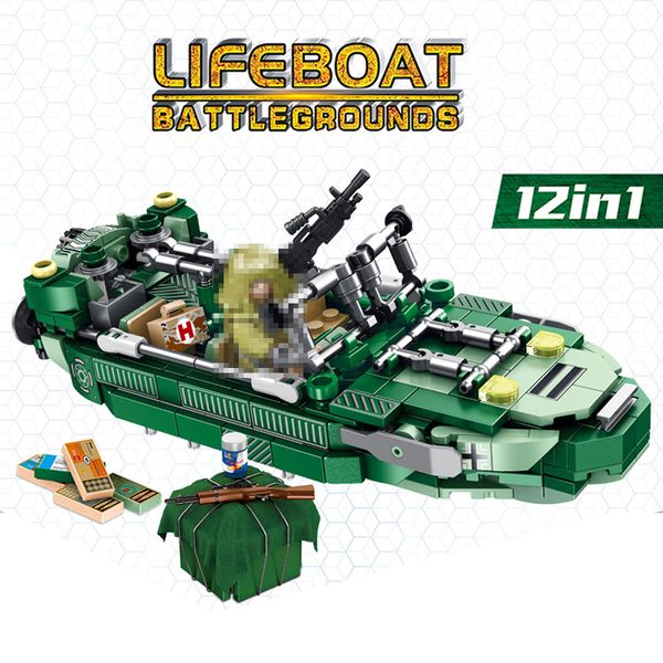 12 in 1 scialuppa di salvataggio campi di battaglia kit piccola nave modello di barca blocchi di costruzione mattoni mini action figure giocattolo per ragazzo
