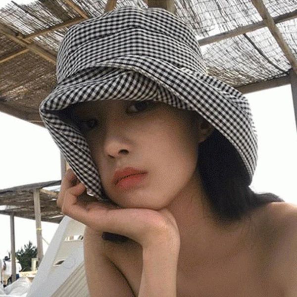 

wide brim hats 2021 women sun hat designer spring summer black white plaid big eaves sunshade houndstooth fisherman basin cap, Blue;gray