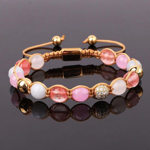 

design multi color natural stone jade beaded cz pave ball adjustable macrame bracelet women tennis, Golden;silver