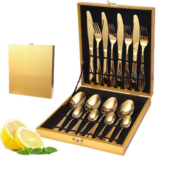

dinnerware sets cross-border source knife and fork spoon stainless steel tableware wooden box gift 16 pieces set of amazon burst products