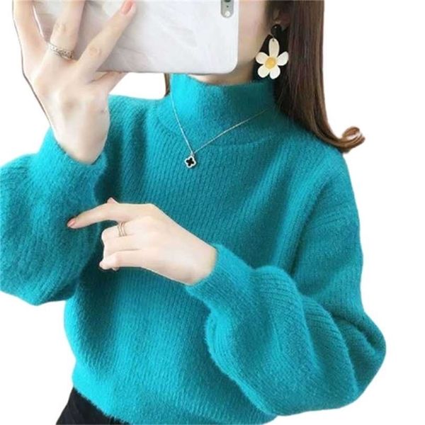 

lmitation mink velvet sweater ladies lantern sleeve solid color loose knit all-match bottoming shirt does not shed hair 211217, White;black