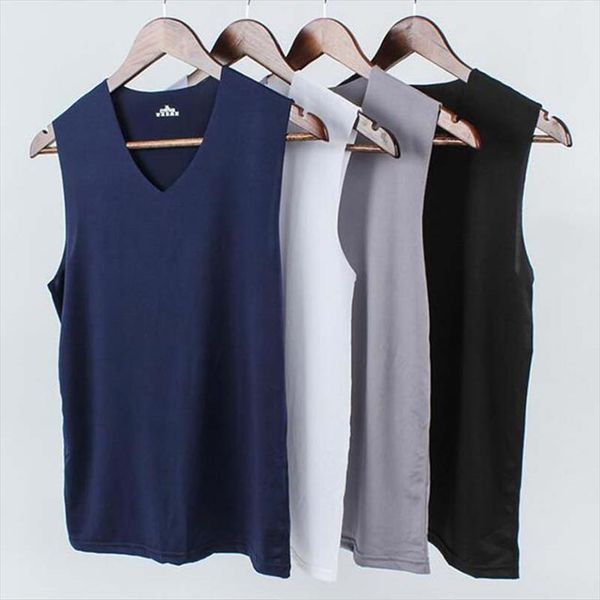 

summer ice silk men solid tank sleeveless v neck male vests size m 2xl youth elastic fitness casual, White;black
