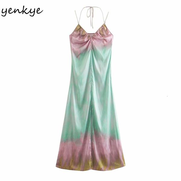 

2021 new fashion women tie dye print sling summer draped v neck hem slits satin long female night out vestido m5if, Black;gray
