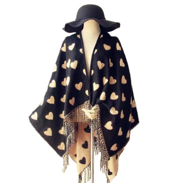 

bandanas women print tassel shawl double cashmere long scarf love heart shape female winter poncho cape, Blue;gray