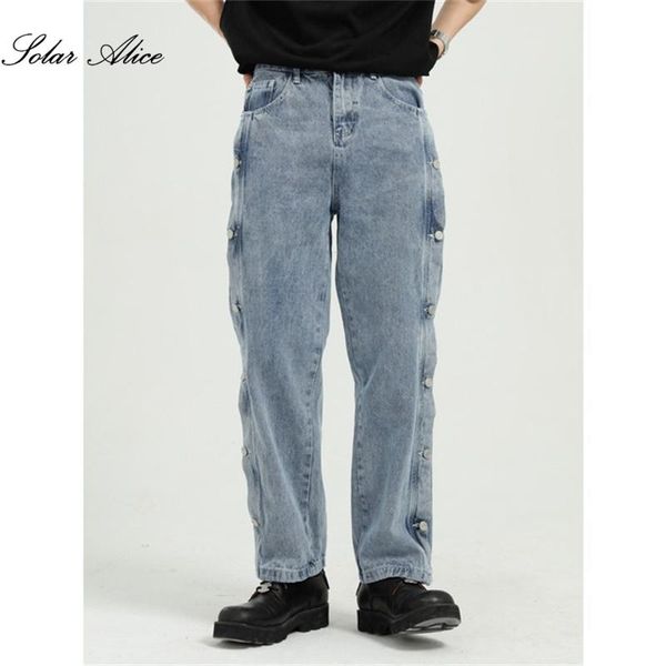 

men's four seasons straight jeans side breasted design casual pants, Blue