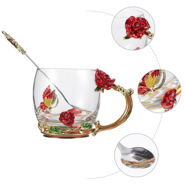 

set 330ml glass enamel flower cup coffee mug tea with spoon mugs