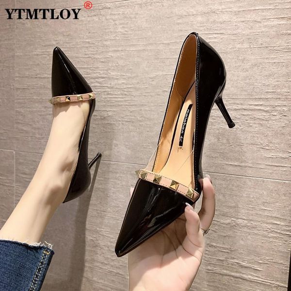 

dress shoes patent leather pointed toe rivet super high heels green pumps women stilettos fashion casual summer, Black