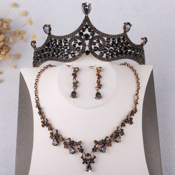 

jewelry sets baroque vintage gold black crystal bridal set rhinestone tiara crown necklace earring wedding african beads