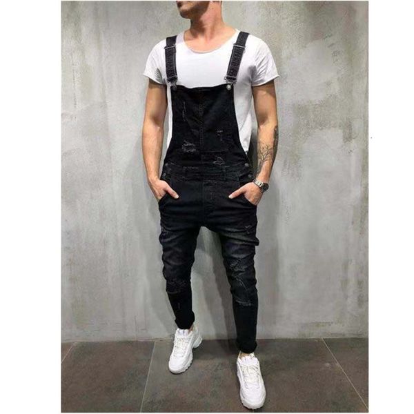 

men's pants fashion ripped jeans jumpsuits hi street distressed denim bib overalls for man suspender size s-xxxl uarf, Black