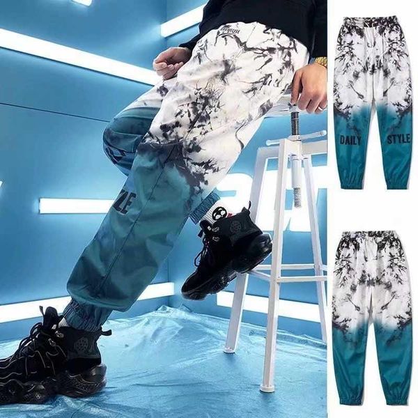

men's pants fashion korean style ribbon streetwear harem elastic waist cargo men casual hip hop sweatpants, Black