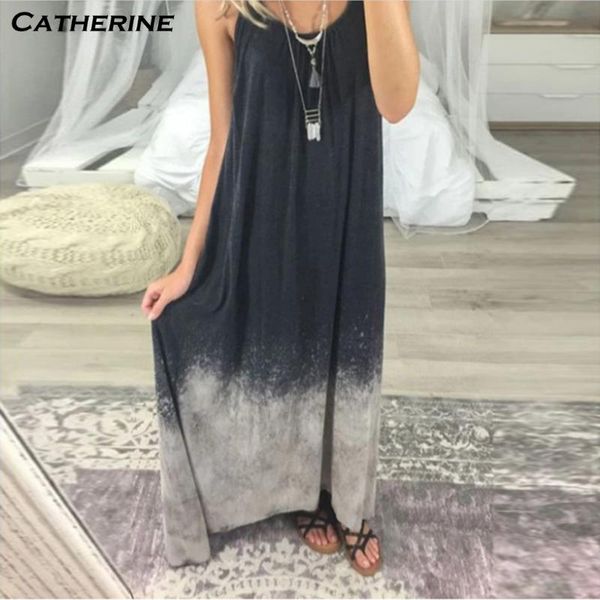 

casual dresses summer women maxi dress boho tie dye print spaghetti strap sleeveless plus size sun beach robe female vestidos, Black;gray