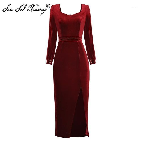 

seasixiang fashion designer autumn velvet dress women's square collar beading long sleeve split dresses casual, Black;gray