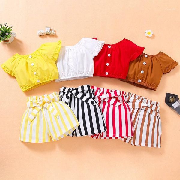 

clothing sets 12m-4 years girls set solid color ruffles crop for short sleeve striped print bowknot shorts girl outfits, White