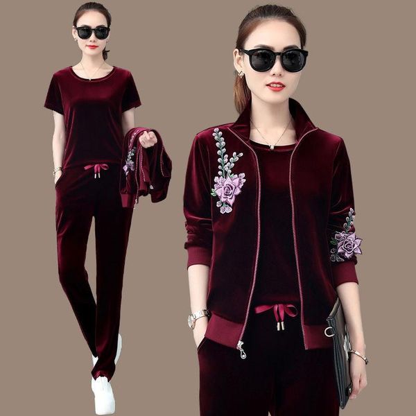 

women's two piece pants velvet tracksuit women 3 set autumn winter clothes 2021 jacket short sleeve t-shirt suit velour women's set, White