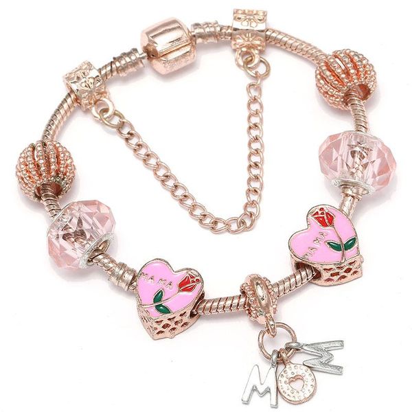

rose gold bracelet with mom charms crystal bead jewelry diy bangle for women girl christmas gift charm bracelets, Golden;silver
