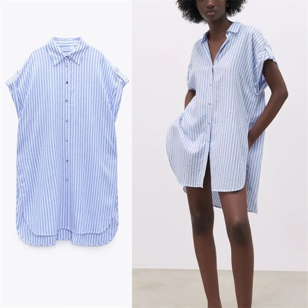 

striped oversized shirt women short sleeve loose long summer shirts woman chic button up side vent irregular blue 210524, White