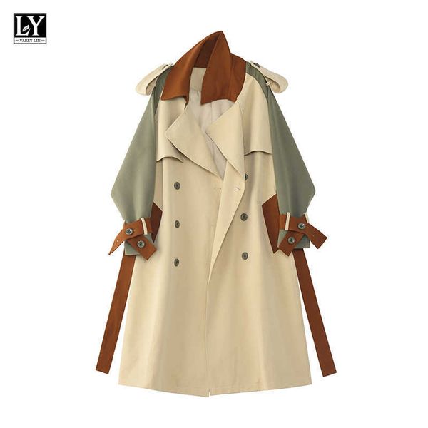 

ly varey lin spring autumn women color contrast adjustable waist long sleeve trench elegant double-breasted coat 210526, Tan;black