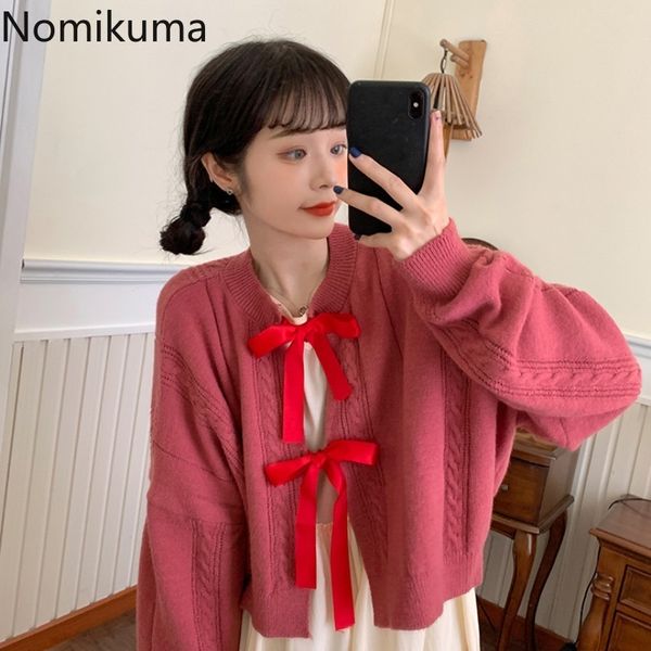 Nomikuma laço coreano gravata curto camisola casaco causal manga comprida o-pescoço de malha cardigan outono inverno doce knitwear 6d130 210427