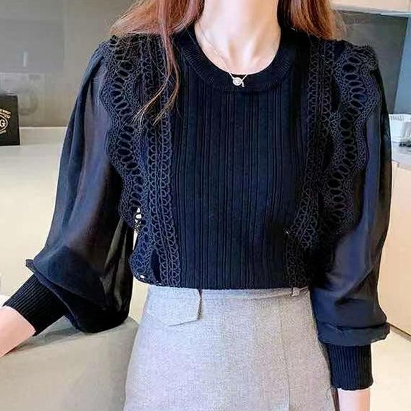 

women's blouses & shirts puff sleeve women black shirt lace o-neck long blouse woman knit splicing elegant fashion pullover autumn 2021, White
