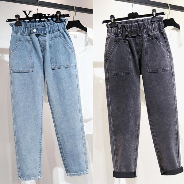

women's jeans loose long woman high waist plus size elastic softener mom ankle-length denim harem pants pocket, Blue